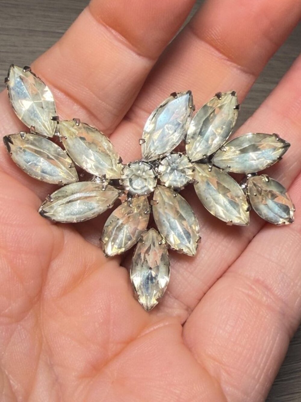 Vintage Rhinestone Leaf Brooch Marquise Clear Stones Silver Tone 2.5”
